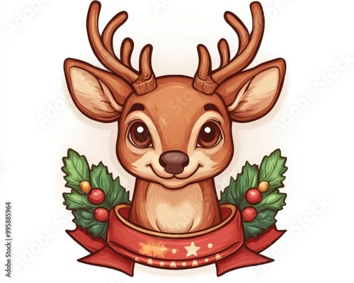 Fantasy Christmas fair 2D cartoon illustration featuring a deer Suitable for use as a logo badge or patch Ideal template for invitations greetings birthdays and party themes photo