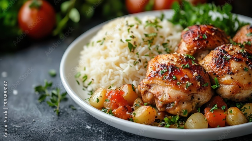 A tempting image of grilled chicken thighs served on a plate with a side of mixed vegetables and fluffy white rice, beautifully garnished with fresh herbs for extra flavor. A tempting image of grilled chicken thighs served on a plate with a side of mixed vegetables and fluffy white rice, beautifully garnished with fresh herbs for extra flavor.