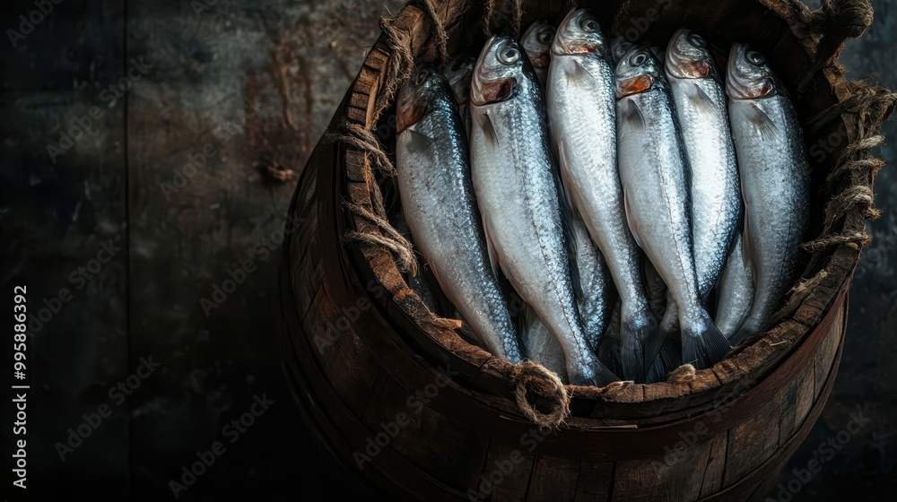 Several fresh fish are stacked tightly together inside a rustic wooden barrel, which is accentuated with ropes on the sides, presenting a fresh market look in the image. Several fresh fish are stacked tightly together inside a rustic wooden barrel, which is accentuated with ropes on the sides, presenting a fresh market look in the image.