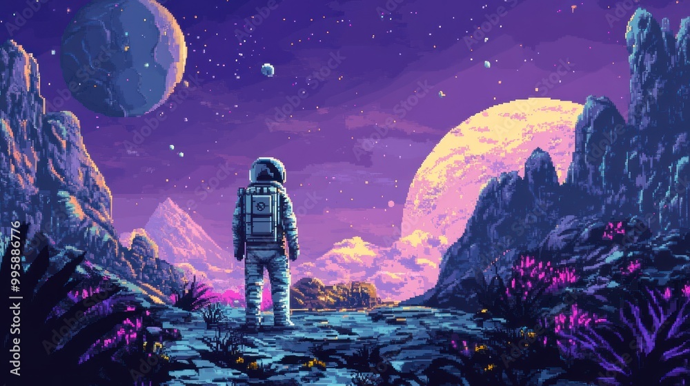 Fototapeta premium An Astronaut Gazes at a Distant Planet in a Pixelated Landscape