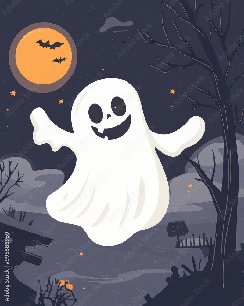 Cute ghost in a flat design with thin lines Halloween themed banner featuring a 2D cartoon illustration Cute ghost in a flat design with thin lines Halloween themed banner featuring a 2D cartoon illustration