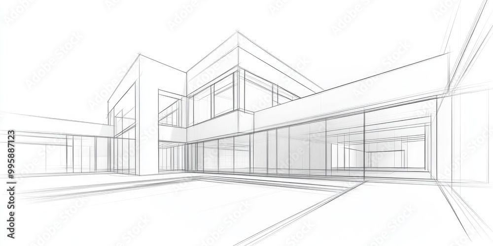 Line art depiction of a 3D architectural sketch Line art depiction of a 3D architectural sketch