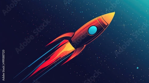 Abstract 2D cartoon logo or badge featuring a startup rocket ideal for corporate identity emphasizing spacecraft technology and astronomy themes photo