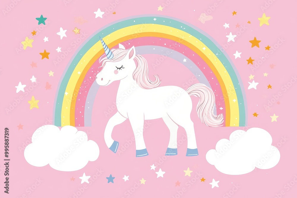 Fototapeta premium Charming white unicorn surrounded by a rainbow clouds and stars perfect for children s designs including prints posters cards and stickers in a 2D cartoon style