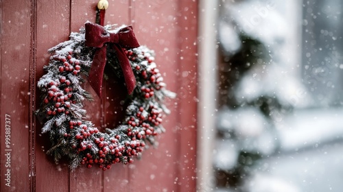 This vibrant Christmas wreath with red berries and a large bow decorates a maroon door, covered in a dusting of snow, capturing the festive holiday spirit. photo