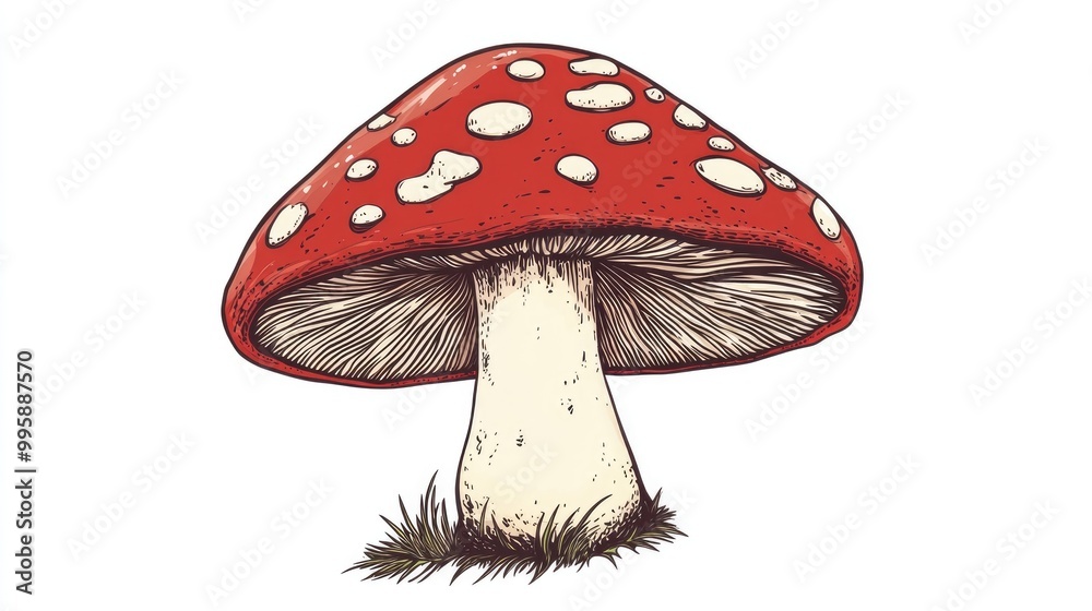 Red mushroom illustrated in cartoon style with a distinctive color and outline on a white background Red mushroom illustrated in cartoon style with a distinctive color and outline on a white background