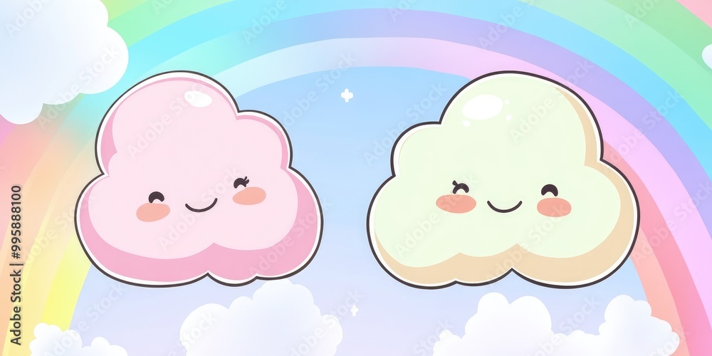 Colorful cartoon clouds in a kawaii style set against a pastel rainbow graphic background Colorful cartoon clouds in a kawaii style set against a pastel rainbow graphic background