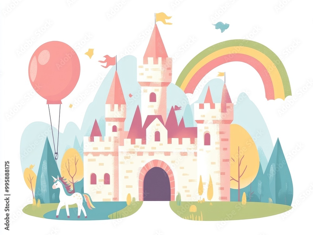 Fantasy castle illustration in 2D cartoon style featuring brick towers a balloon a rainbow and a unicorn A creative depiction of imaginative themes in a modern flat design
