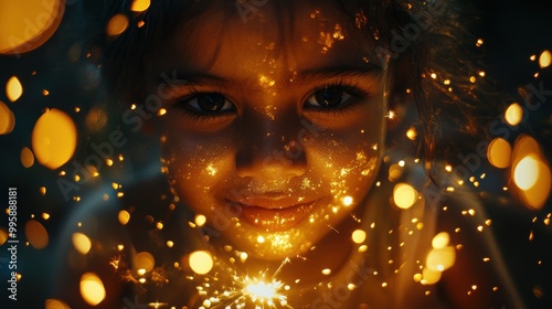 Indian Child Enjoying Sparkler in Evening Glow photo