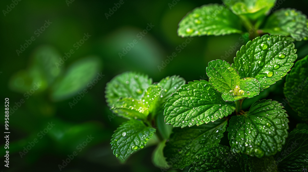 Fresh mint leaves with dewdrops in a lush green garden Fresh mint leaves with dewdrops in a lush green garden