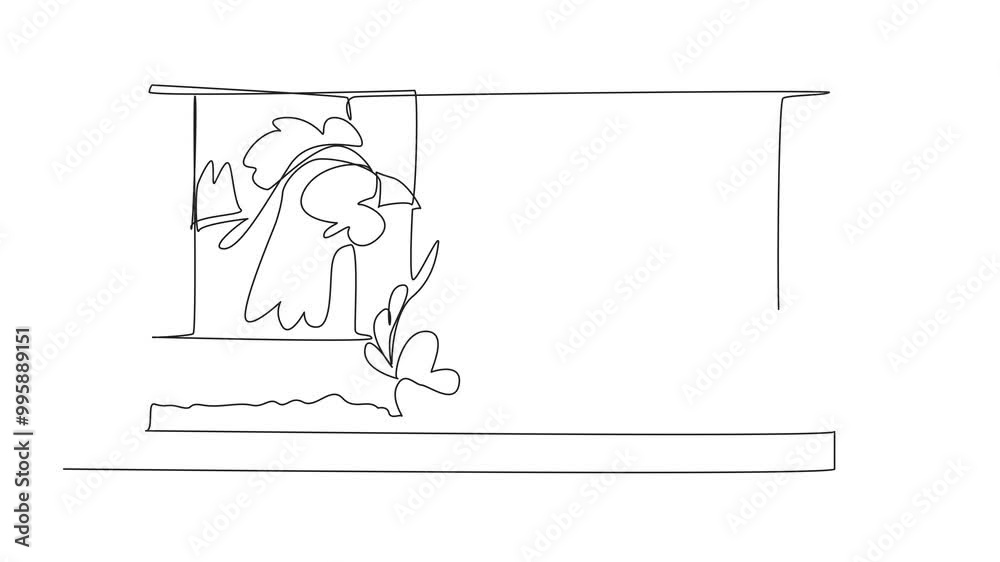 Self drawing animation of single one line drawing three chickens are in the cage. High quality animal feed. Laying hens. Ready to harvest the results. Eggs. National Poultry Day. Full length animated