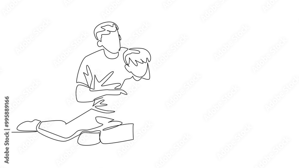 Self drawing animation of single continuous line drawing boy sitting on father's lap. Sitting relaxed on the floor reading a book. Books something interesting. Read to Me Day. Full length animated Self drawing animation of single continuous line drawing boy sitting on father's lap. Sitting relaxed on the floor reading a book. Books something interesting. Read to Me Day. Full length animated