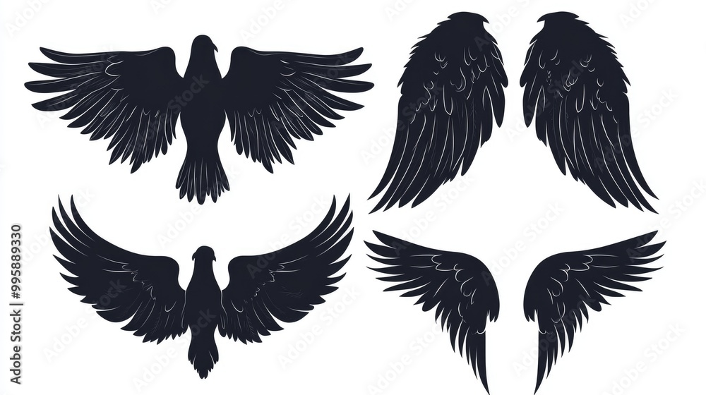 Obraz premium Silhouette of bird or angel wings A set of wings depicted in a 2D cartoon style illustration