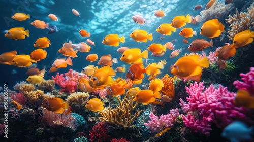 Vibrant underwater scene with colorful fish and coral reefs.