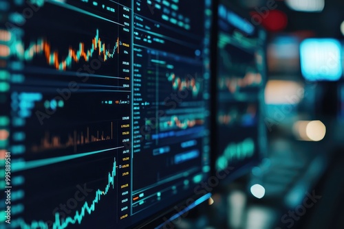 Close-up of multiple computer monitors displaying stock market charts on the trading floor, stock exchange background, depth of field, stock photo