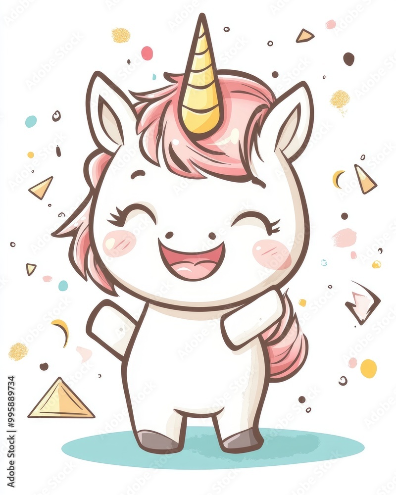Adorable cartoon unicorn joyfully interacting with a triangle bell in this delightful illustration Adorable cartoon unicorn joyfully interacting with a triangle bell in this delightful illustration
