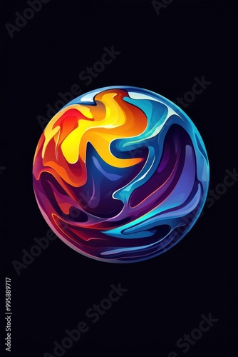 Colorful 2D cartoon emblem in a spherical shape on a dark background suitable for business tourism or travel branding