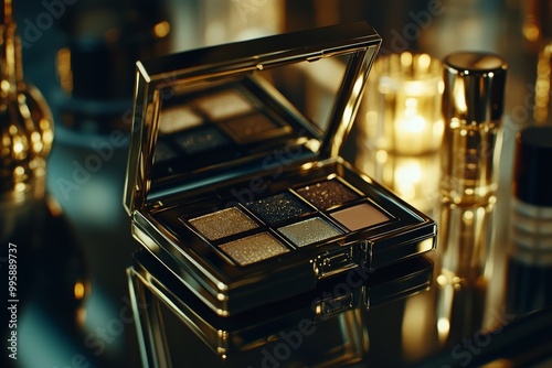 Luxurious gold toned eyeshadow palette with shimmering shades designed for rich radiant makeup looks with a smooth finish photo