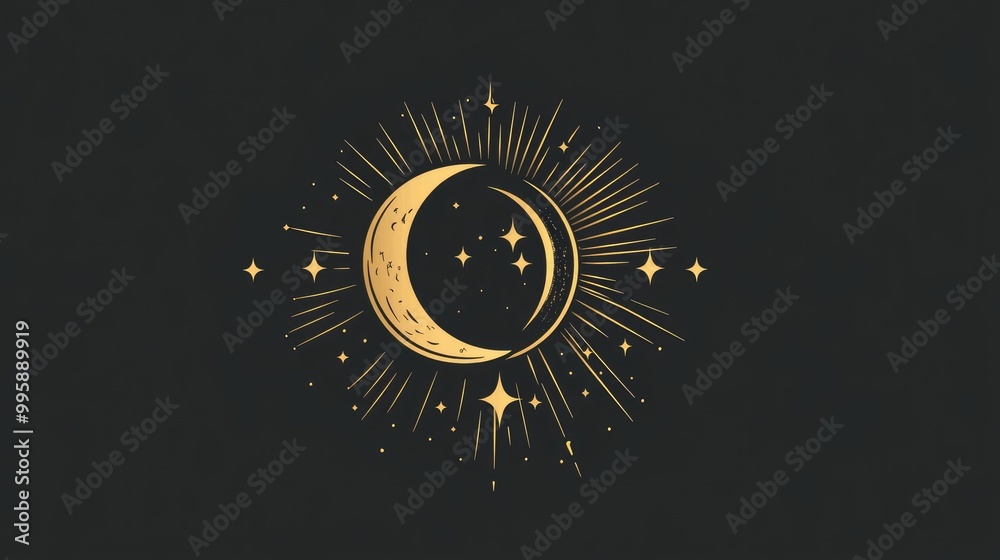 Fototapeta premium Elegant gold logo featuring sun moon and stars in a flat design style