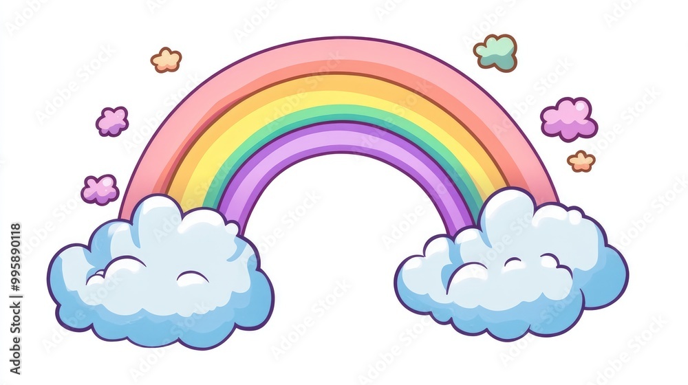 Colorful 2D cartoon icon of a rainbow accompanied by clouds Colorful 2D cartoon icon of a rainbow accompanied by clouds