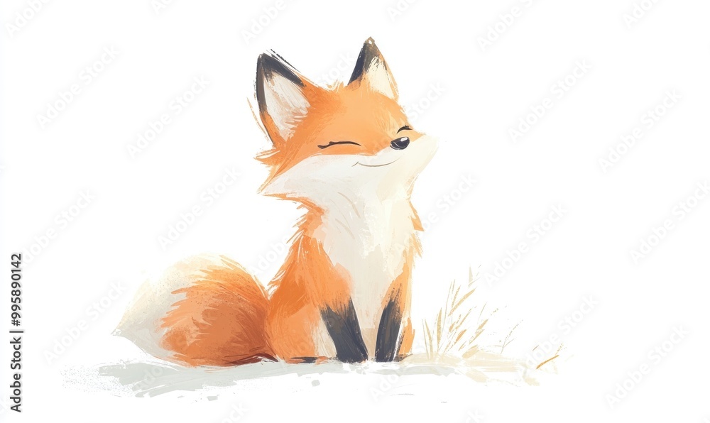 Obraz premium Charming 2D cartoon illustration of an adorable fox in a hand drawn style Set against a white background evoking a delicate and dreamy atmosphere with pastel hues