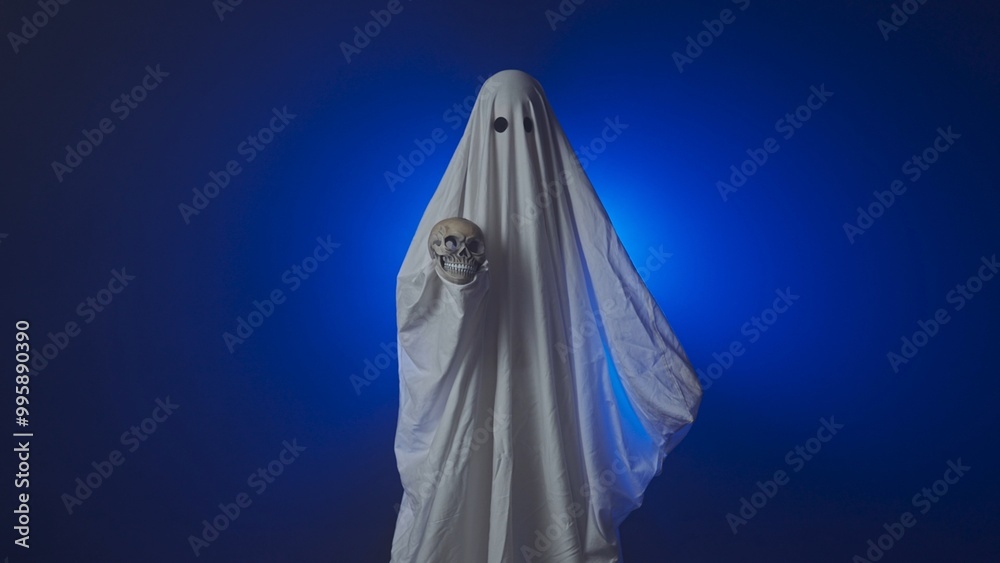 Funny halloween ghost in white sheet holding skull head looking scary at camera under blue spotlight background in studio. Happy halloween spooky concept. Funny halloween ghost in white sheet holding skull head looking scary at camera under blue spotlight background in studio. Happy halloween spooky concept.