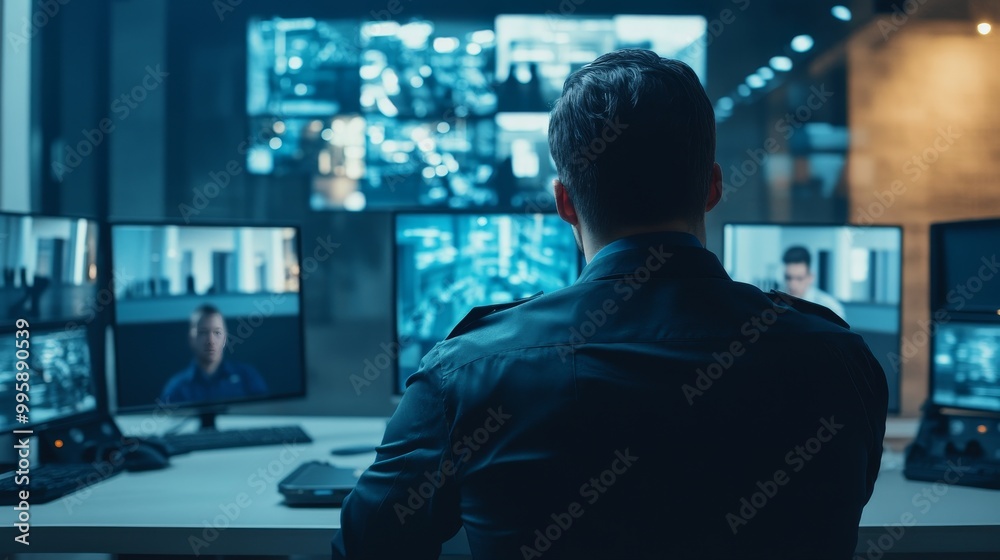 Security guard monitoring CCTV screens in control room while communicating through two-way radio intercom. Building safety inspection, surveillance service, real-time security management in progress Security guard monitoring CCTV screens in control room while communicating through two-way radio intercom. Building safety inspection, surveillance service, real-time security management in progress
