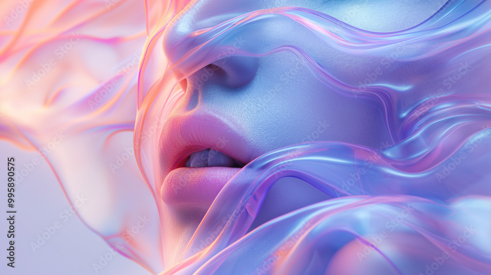 Close-up of lips and face wrapped in ethereal flowing fabric with soft pastel colors Close-up of lips and face wrapped in ethereal flowing fabric with soft pastel colors