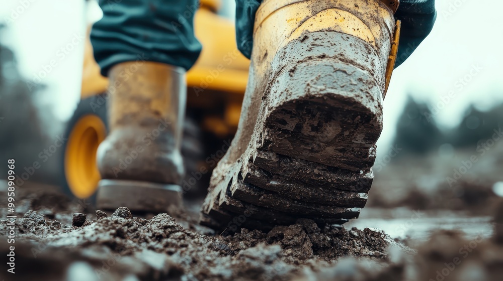 Close-up of a muddy boot pressing down on wet, muddy ground, highlighting the tread pattern and the rugged, dirty environment typical of construction sites. Close-up of a muddy boot pressing down on wet, muddy ground, highlighting the tread pattern and the rugged, dirty environment typical of construction sites.