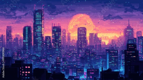 Pixelated Cityscape with Glowing Lights and Sunset