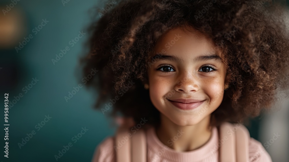 A smiling child with voluminous curly hair and a backpack exudes a sense of optimism and readiness for adventure, symbolizing the excitement of new beginnings. A smiling child with voluminous curly hair and a backpack exudes a sense of optimism and readiness for adventure, symbolizing the excitement of new beginnings.