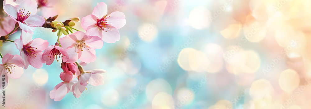 Pink cherry tree blossom flowers blooming in spring, easter time against a natural sunny blurred garden banner background of blue, yellow and white bokeh. Pink cherry tree blossom flowers blooming in spring, easter time against a natural sunny blurred garden banner background of blue, yellow and white bokeh.