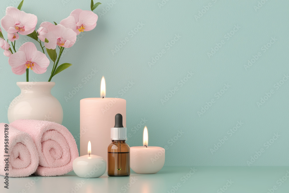 Serene spa setting with candles, essential oil, soft towels, and flowers for relaxation and wellness. Serene spa setting with candles, essential oil, soft towels, and flowers for relaxation and wellness.