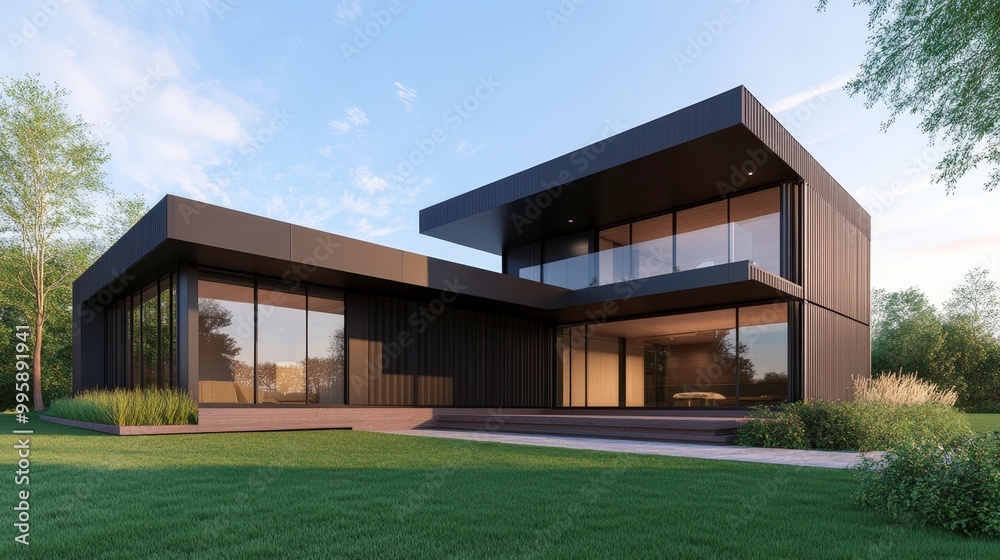 A large black house with a large glass window and a balcony