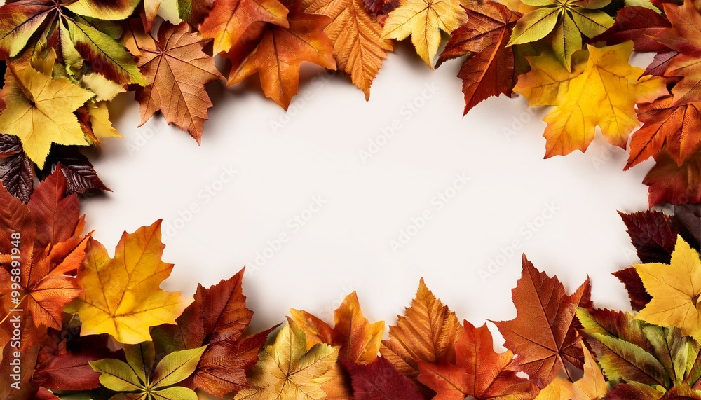 Fototapeta premium Frame from autumn-colored fall leaves in the wind isolated, overlay texture. 