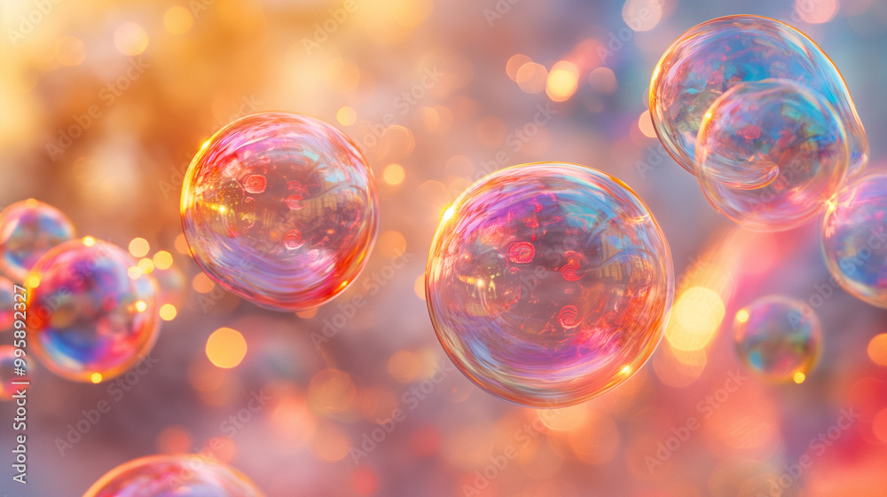 Colorful iridescent soap bubbles floating in soft bokeh light background Colorful iridescent soap bubbles floating in soft bokeh light background