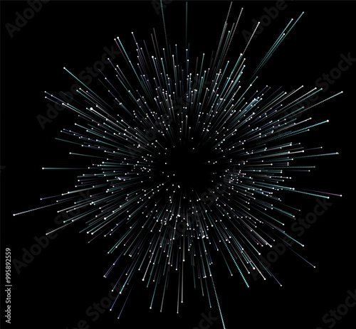 Abstract background explosion with lines from dots  and particles. Radial explode lines  in black universe.  Futuristic, technology vector background for banner, poster. 