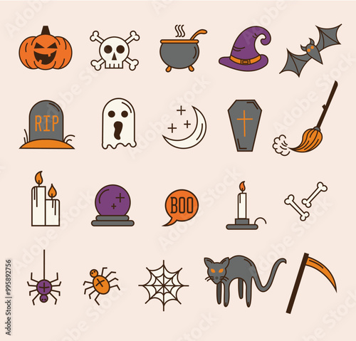 20 halloween colorful line art icons