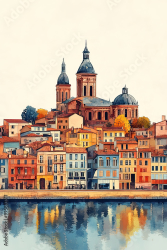 Toulouse, France, color pen pencil hand-drawn effect drawing illustration for travel poster, card, wallpaper, backdrop or banner. Modern, clear, artistic and simple