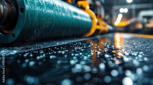 Close-up of an industrial roller soaked in rain, showcasing detailed machined components and water droplets emphasizing the rugged nature of heavy machinery. photo