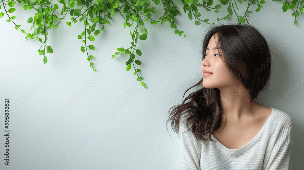 Serene young woman gazing thoughtfully with green plants on light background. Copy space Serene young woman gazing thoughtfully with green plants on light background. Copy space