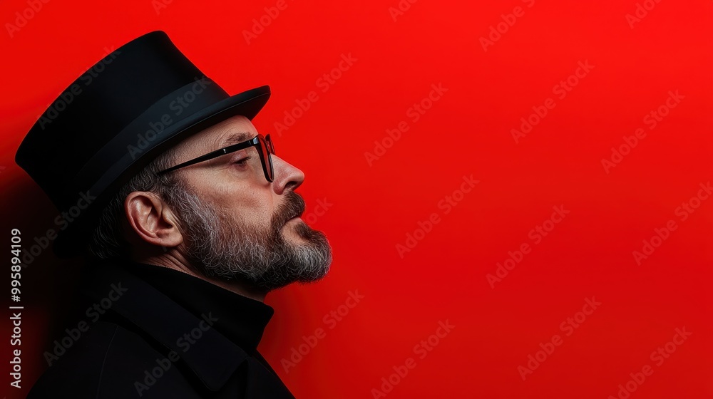 This image captures a side profile of a man wearing a black hat and coat, standing against a vibrant red background, creating a striking visual contrast and a sense of boldness. This image captures a side profile of a man wearing a black hat and coat, standing against a vibrant red background, creating a striking visual contrast and a sense of boldness.