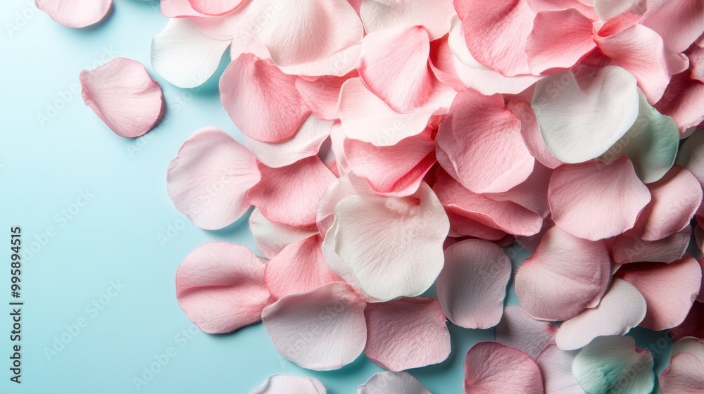 Soft pastel pink flower petals elegantly scattered across a light blue background, presenting a serene and calming visual that captures the ephemeral beauty of nature. Soft pastel pink flower petals elegantly scattered across a light blue background, presenting a serene and calming visual that captures the ephemeral beauty of nature.