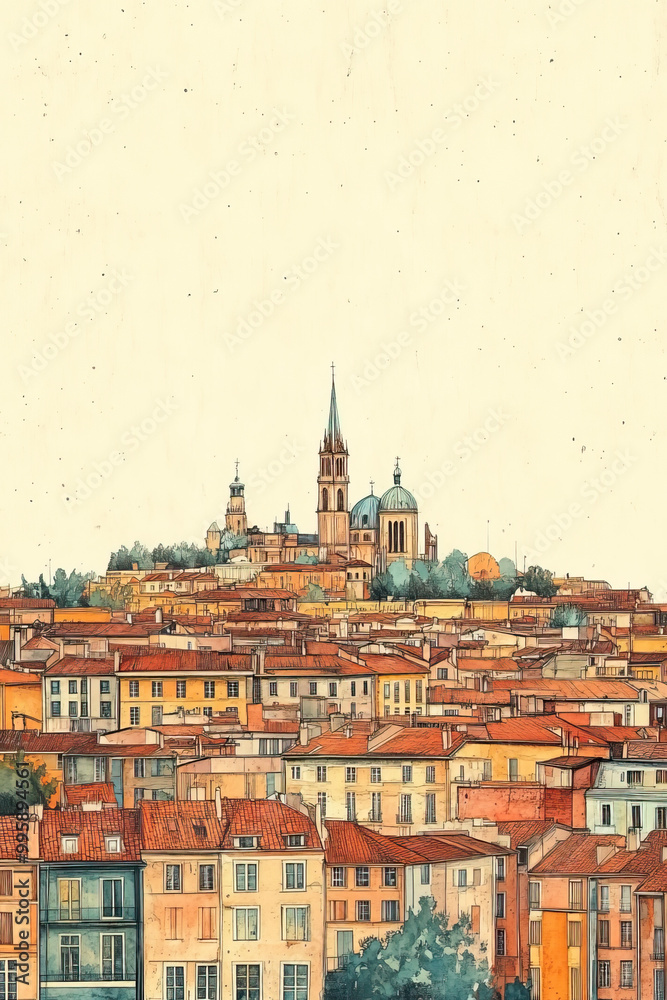Obraz premium Toulouse, France, color pen pencil hand-drawn effect drawing illustration for travel poster, card, wallpaper, backdrop or banner. Modern, clear, artistic and simple