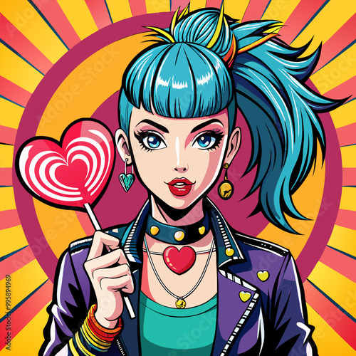  Pop art comic book style illustration of a young punk girl and lollipop.