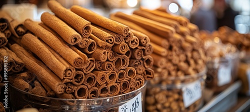 Cinnamon stick sell at market. Kitchen cooking spice food ingredient. Generative AI technology.	
 photo