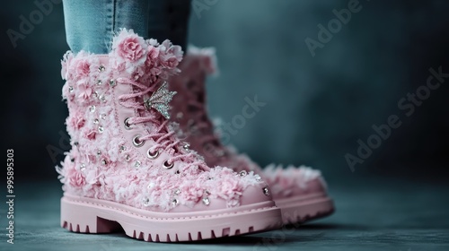 A pair of pink boots adorned with intricate floral designs and sparkling embellishments, offering a whimsical and stylish look for fashion enthusiasts. photo