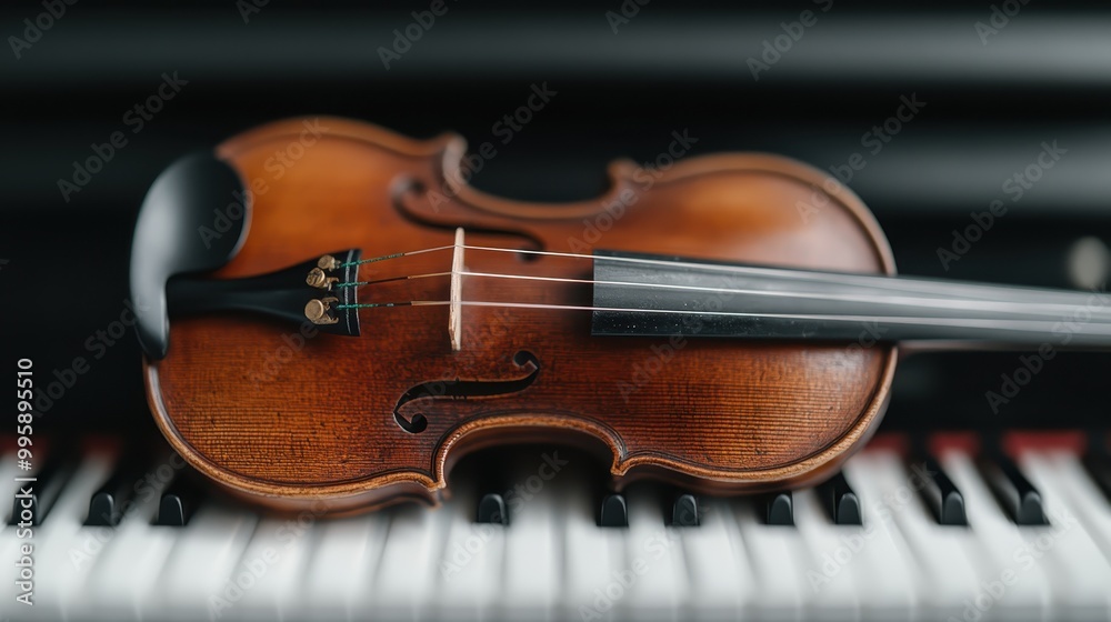 Fototapeta premium An image featuring a violin resting gracefully on piano keys, symbolizing a blend of string and keyboard instruments, perfect for music and art enthusiasts.