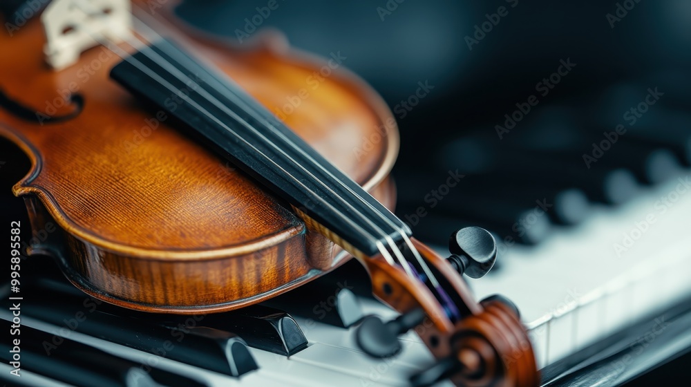 Fototapeta premium A close-up shot capturing a violin leaning against the keys of a piano, emphasizing the intricate details of both musical instruments in a contemplative setting.