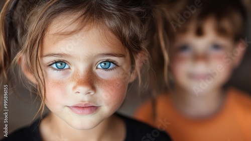 A girl with captivating blue eyes stands in focus, her expression exuding curiosity and wonder; a blurred boy in the background adds depth to the photograph.